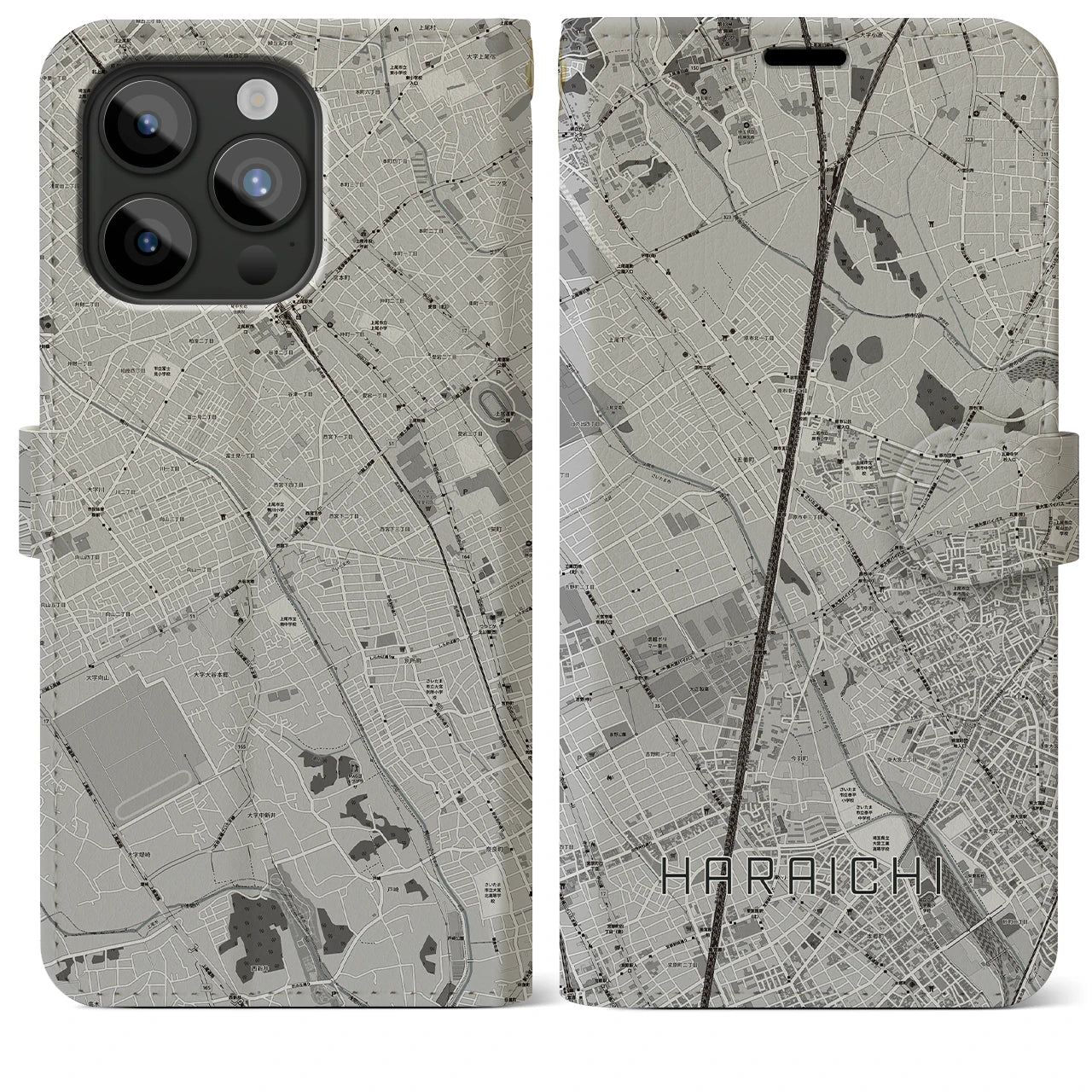 【原市】地図柄iPhoneケース（手帳両面タイプ・モノトーン）iPhone 15 Pro Max 用