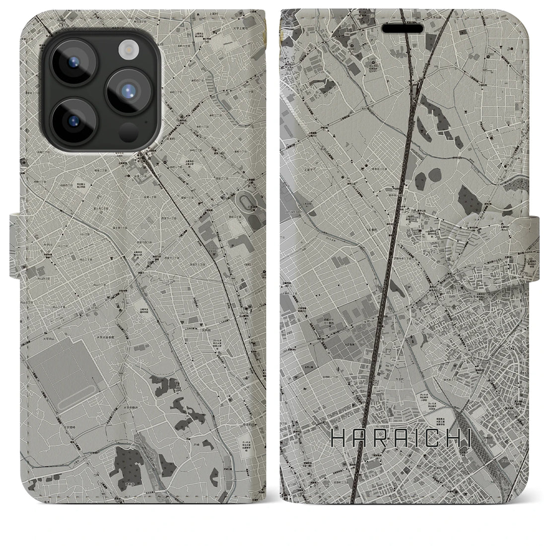 【原市】地図柄iPhoneケース（手帳両面タイプ・モノトーン）iPhone 15 Pro Max 用