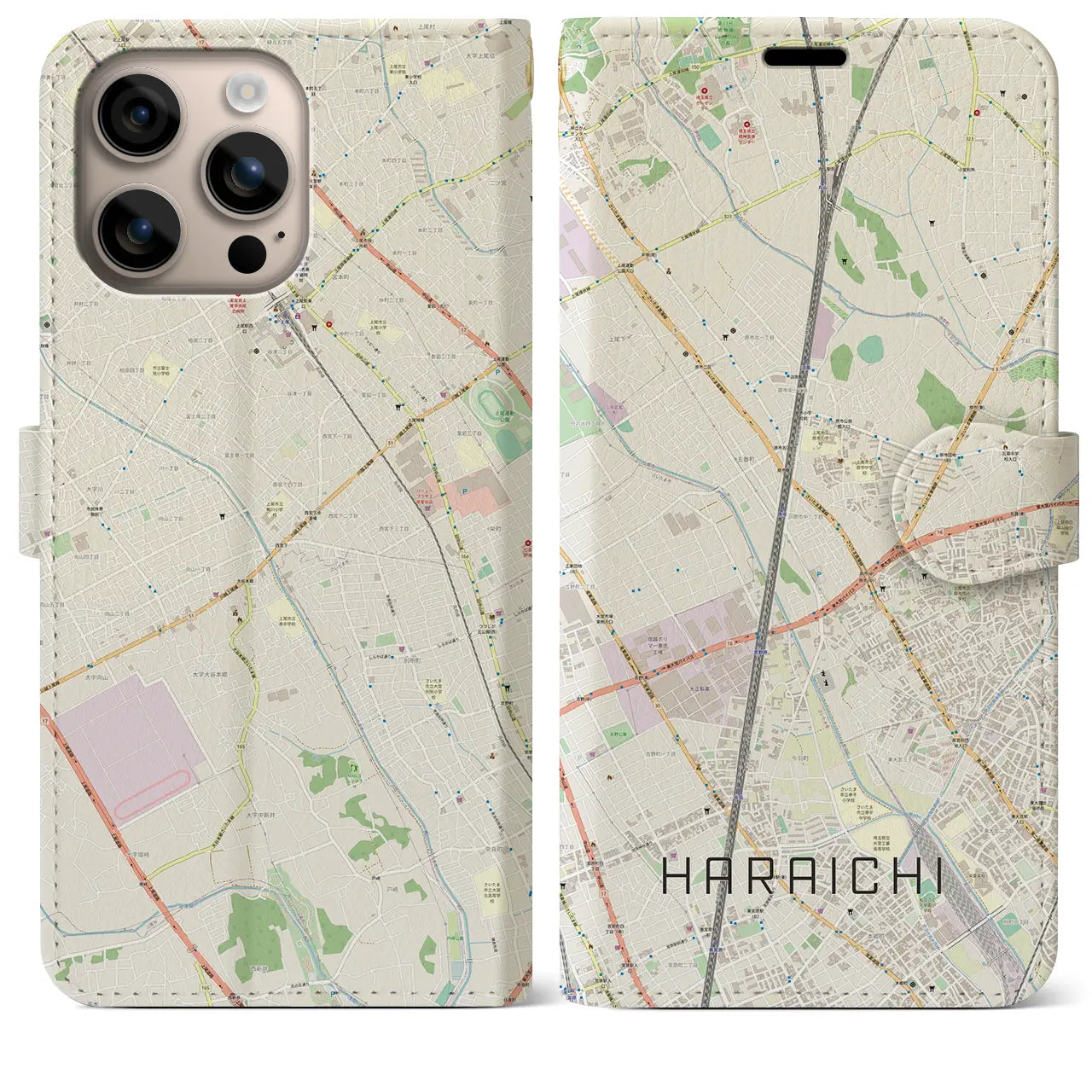 【原市（埼玉県）】地図柄iPhoneケース（手帳タイプ）ナチュラル・iPhone 16 Plus 用