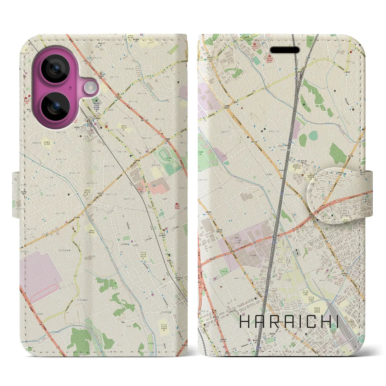 【原市（埼玉県）】地図柄iPhoneケース（手帳タイプ）ナチュラル・iPhone 16 Pro 用