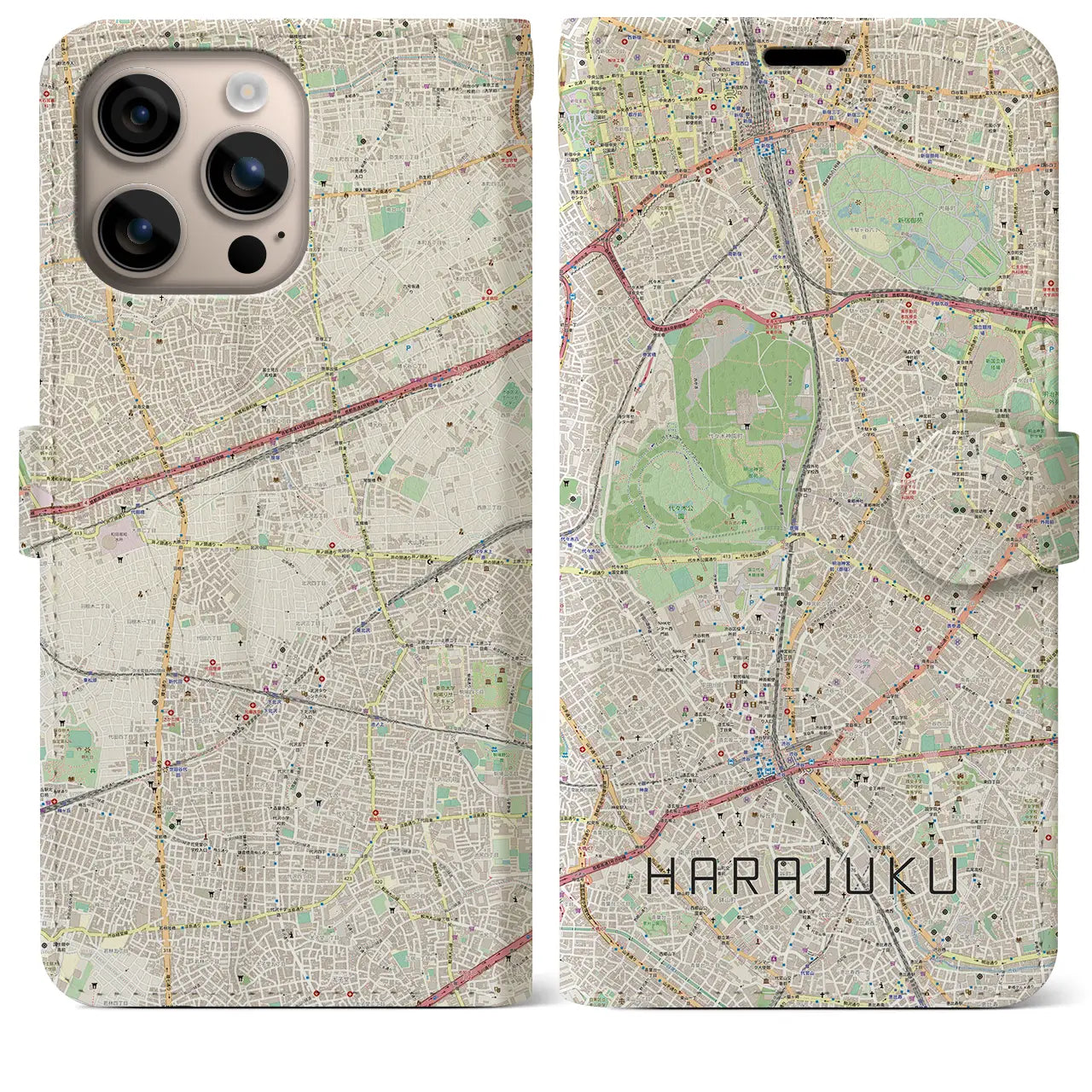 【原宿（東京都）】地図柄iPhoneケース（手帳タイプ）ナチュラル・iPhone 16 Plus 用