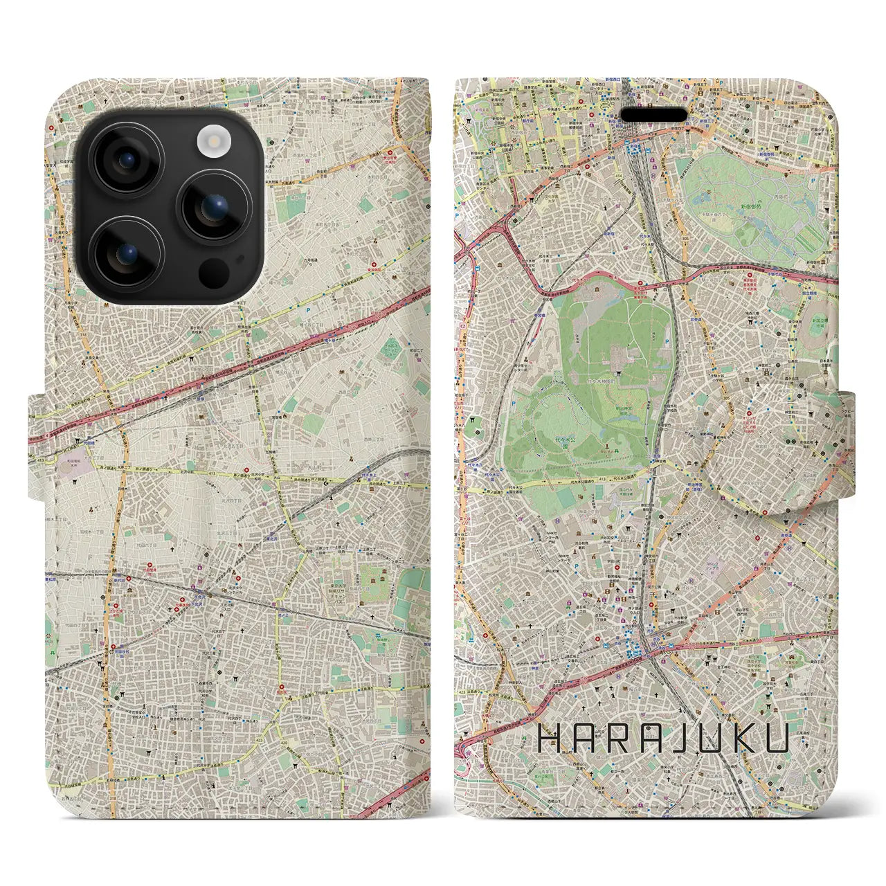 【原宿（東京都）】地図柄iPhoneケース（手帳タイプ）ナチュラル・iPhone 16 用