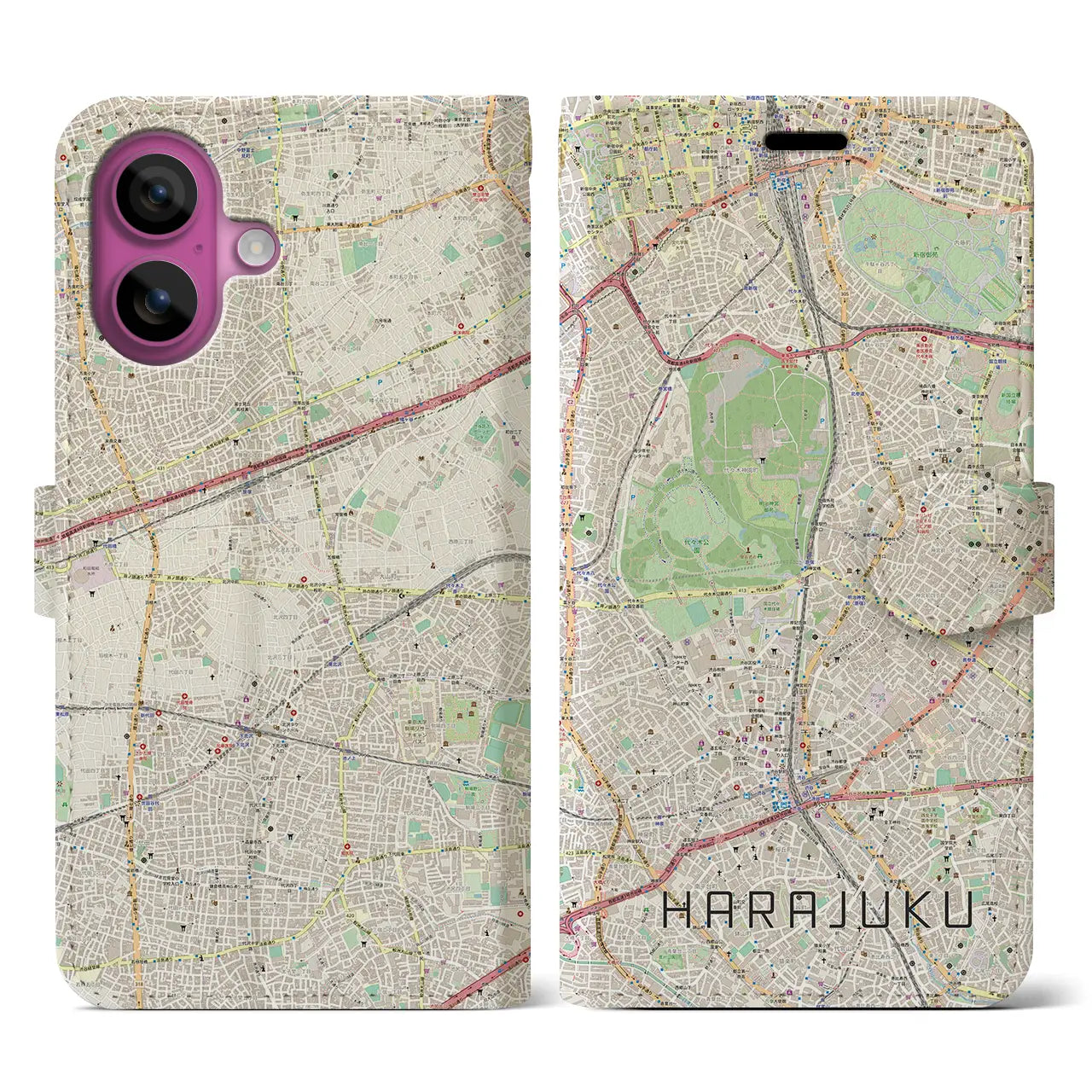 【原宿（東京都）】地図柄iPhoneケース（手帳タイプ）ナチュラル・iPhone 16 Pro 用