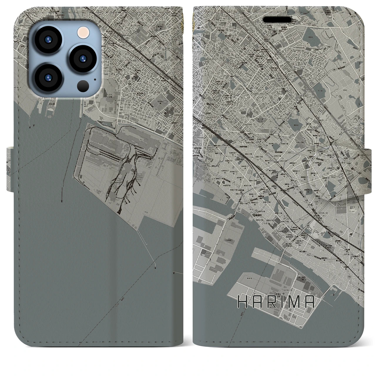 【播磨】地図柄iPhoneケース（手帳両面タイプ・モノトーン）iPhone 13 Pro Max 用