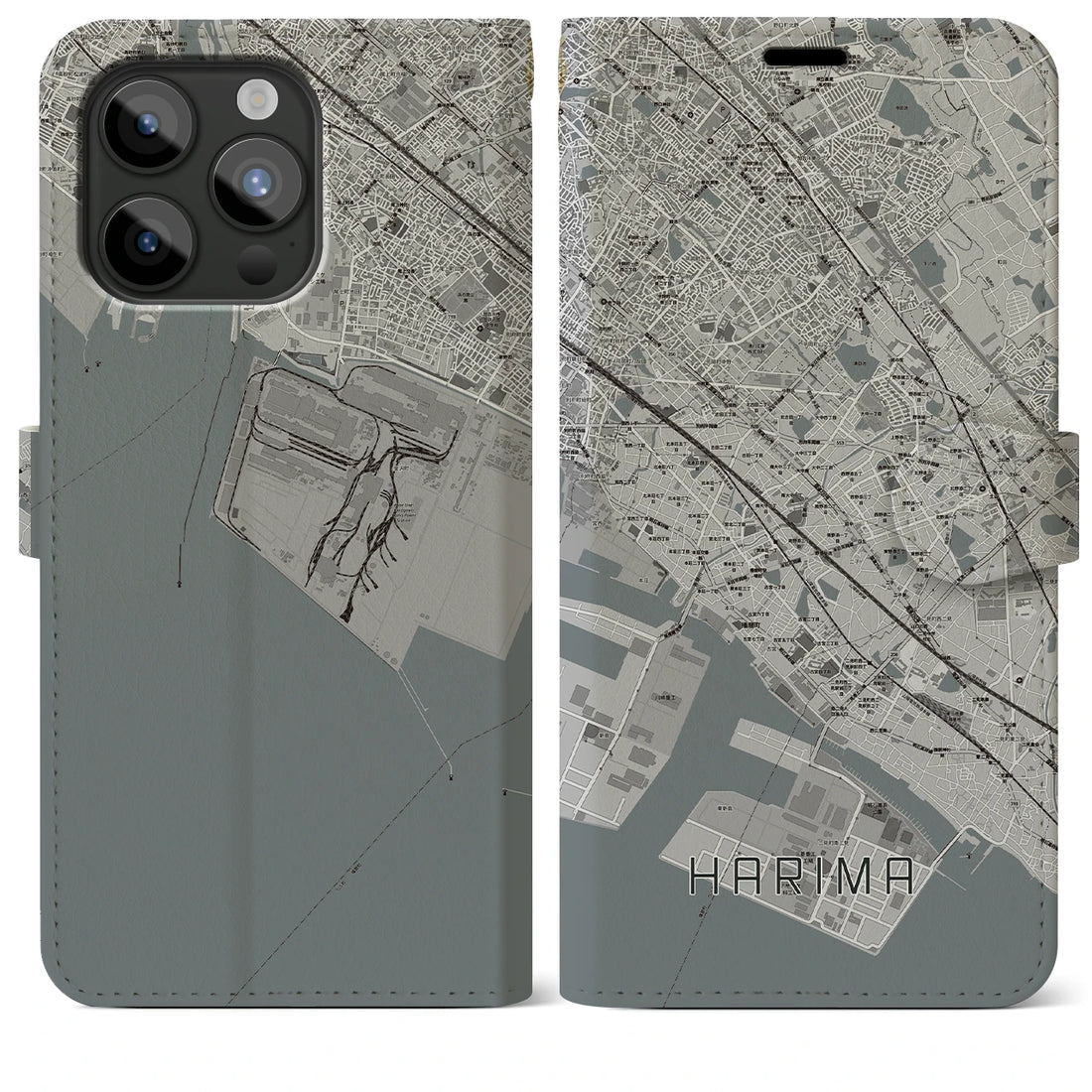 【播磨】地図柄iPhoneケース（手帳両面タイプ・モノトーン）iPhone 15 Pro Max 用