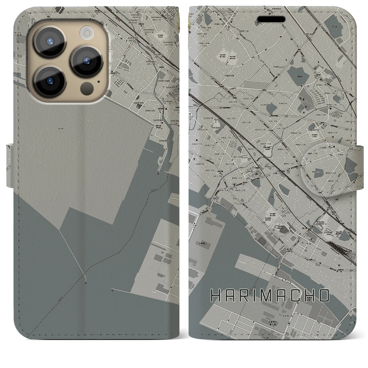 【播磨町】地図柄iPhoneケース（手帳両面タイプ・モノトーン）iPhone 14 Pro Max 用