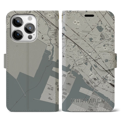 【播磨町（兵庫県）】地図柄iPhoneケース（手帳タイプ）モノトーン・iPhone 14 Pro 用