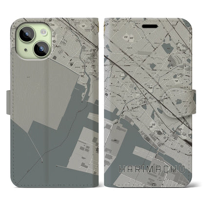 【播磨町（兵庫県）】地図柄iPhoneケース（手帳タイプ）モノトーン・iPhone 15 用