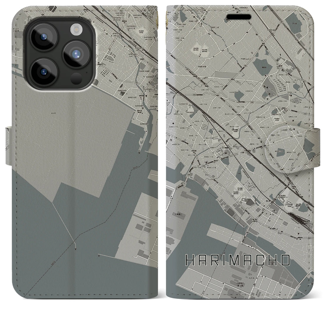 【播磨町】地図柄iPhoneケース（手帳両面タイプ・モノトーン）iPhone 15 Pro Max 用