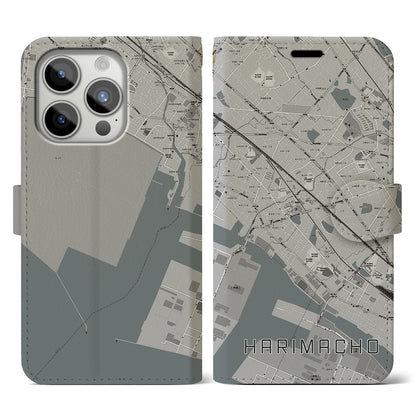 【播磨町（兵庫県）】地図柄iPhoneケース（手帳タイプ）モノトーン・iPhone 15 Pro 用