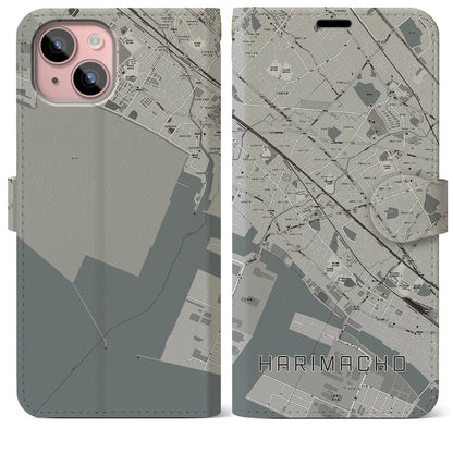 【播磨町（兵庫県）】地図柄iPhoneケース（手帳タイプ）モノトーン・iPhone 15 Plus 用