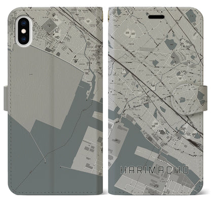 【播磨町（兵庫県）】地図柄iPhoneケース（手帳タイプ）モノトーン・iPhone XS Max 用