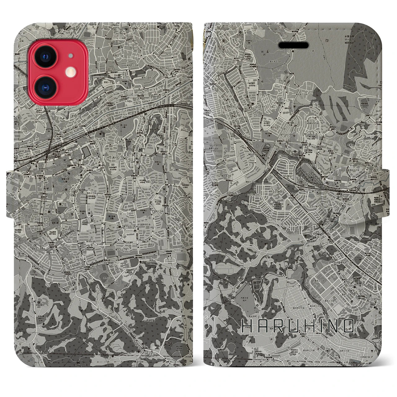 【はるひ野】地図柄iPhoneケース（手帳両面タイプ・モノトーン）iPhone 11 用