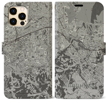 【はるひ野（神奈川県）】地図柄iPhoneケース（手帳タイプ）モノトーン・iPhone 12 Pro Max 用