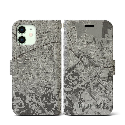 【はるひ野（神奈川県）】地図柄iPhoneケース（手帳タイプ）モノトーン・iPhone 12 mini 用