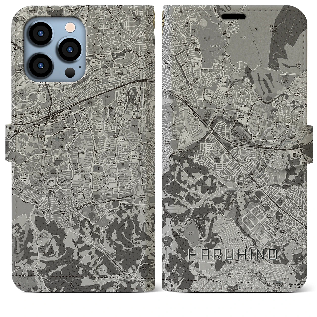 【はるひ野】地図柄iPhoneケース（手帳両面タイプ・モノトーン）iPhone 13 Pro Max 用