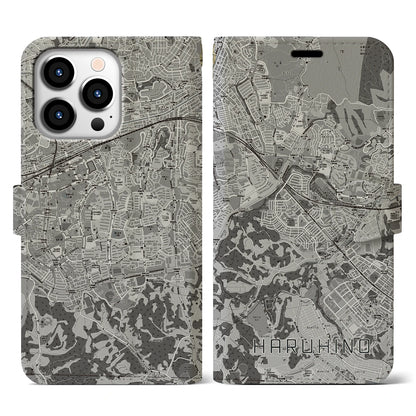 【はるひ野（神奈川県）】地図柄iPhoneケース（手帳タイプ）モノトーン・iPhone 13 Pro 用