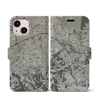 【はるひ野（神奈川県）】地図柄iPhoneケース（手帳タイプ）モノトーン・iPhone 13 mini 用