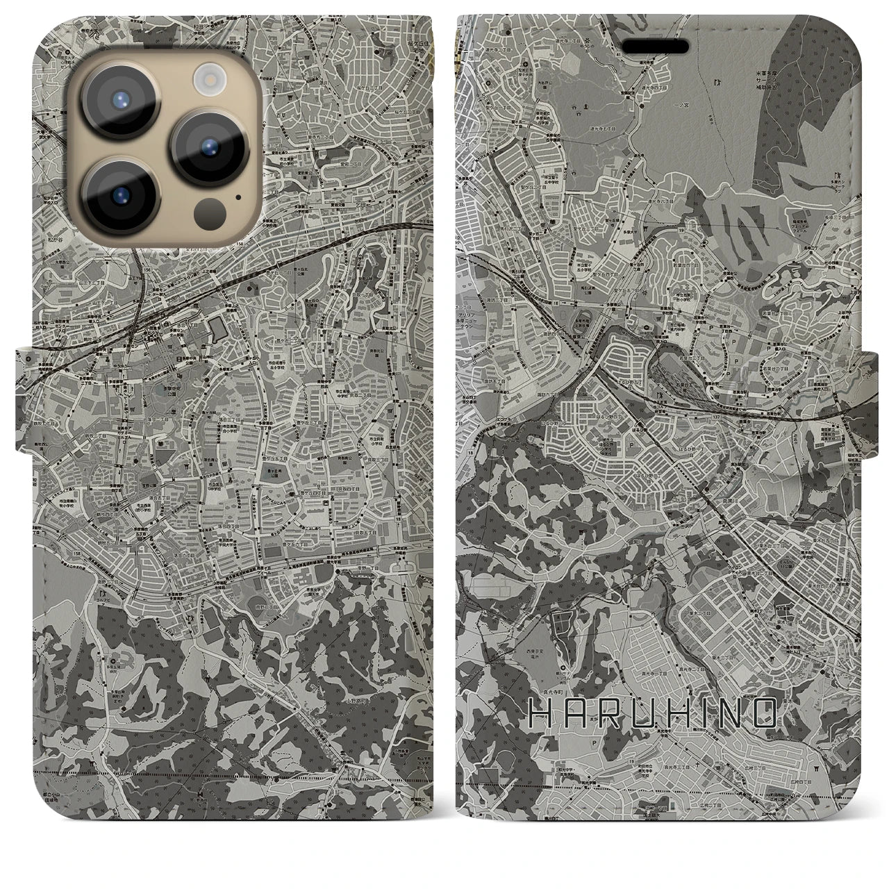 【はるひ野】地図柄iPhoneケース（手帳両面タイプ・モノトーン）iPhone 14 Pro Max 用