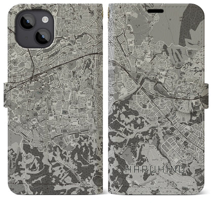 【はるひ野（神奈川県）】地図柄iPhoneケース（手帳タイプ）モノトーン・iPhone 14 Plus 用