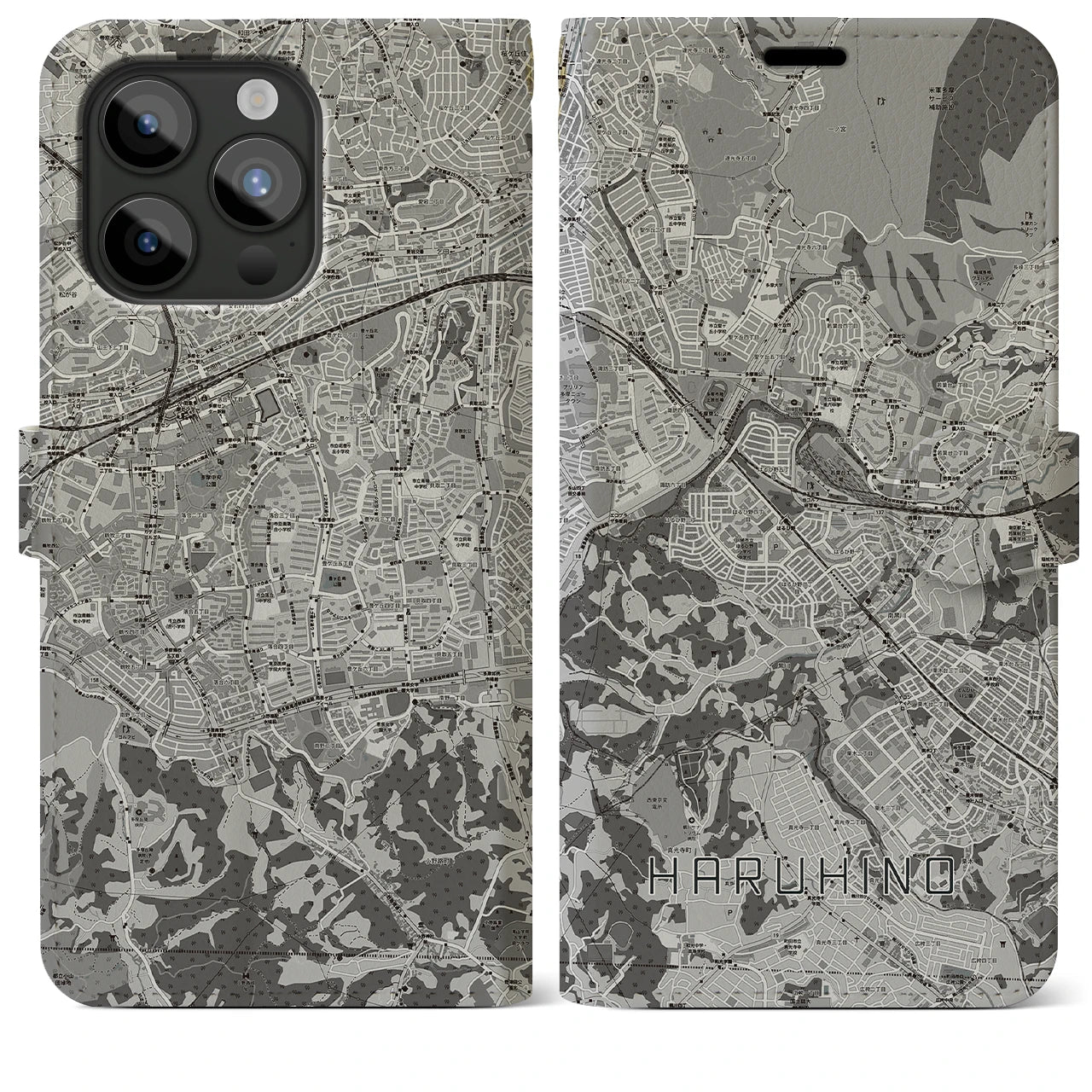 【はるひ野】地図柄iPhoneケース（手帳両面タイプ・モノトーン）iPhone 15 Pro Max 用
