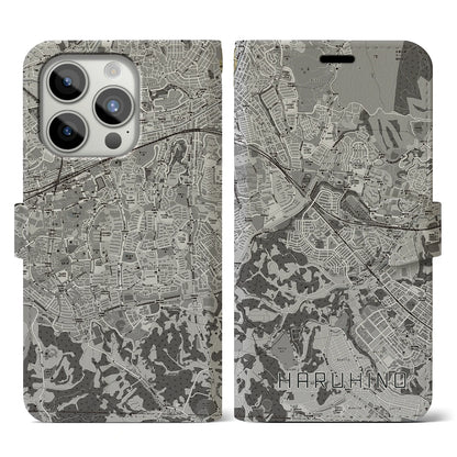 【はるひ野（神奈川県）】地図柄iPhoneケース（手帳タイプ）モノトーン・iPhone 15 Pro 用