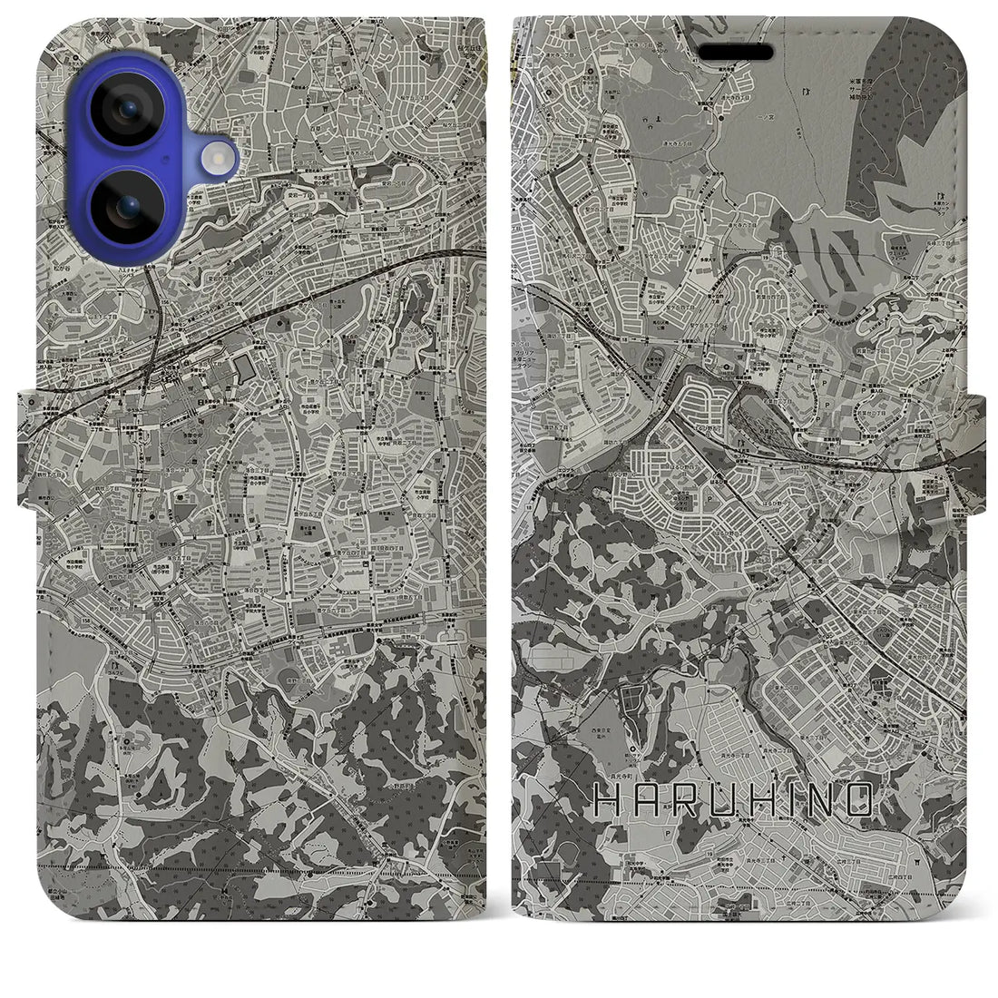 【はるひ野(神奈川県)】地図柄iPhoneケース(手帳タイプ)モノトーン・iPhone 16 Pro Max 用