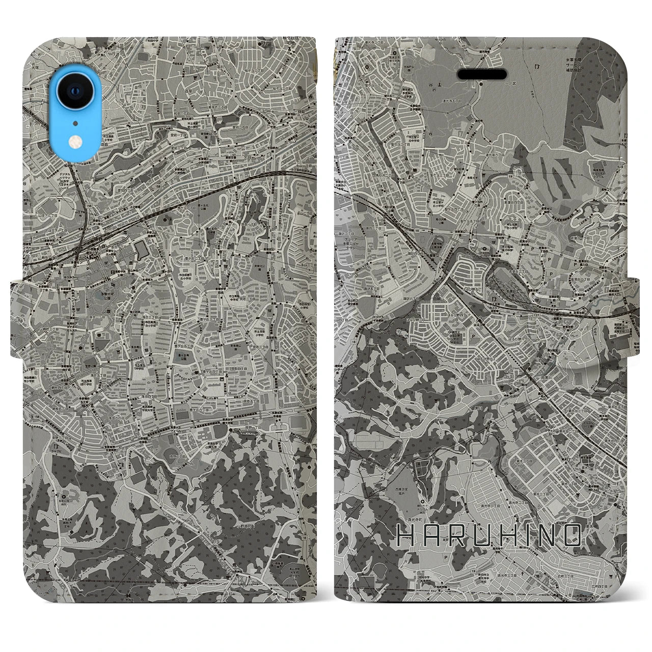 【はるひ野】地図柄iPhoneケース（手帳両面タイプ・モノトーン）iPhone XR 用