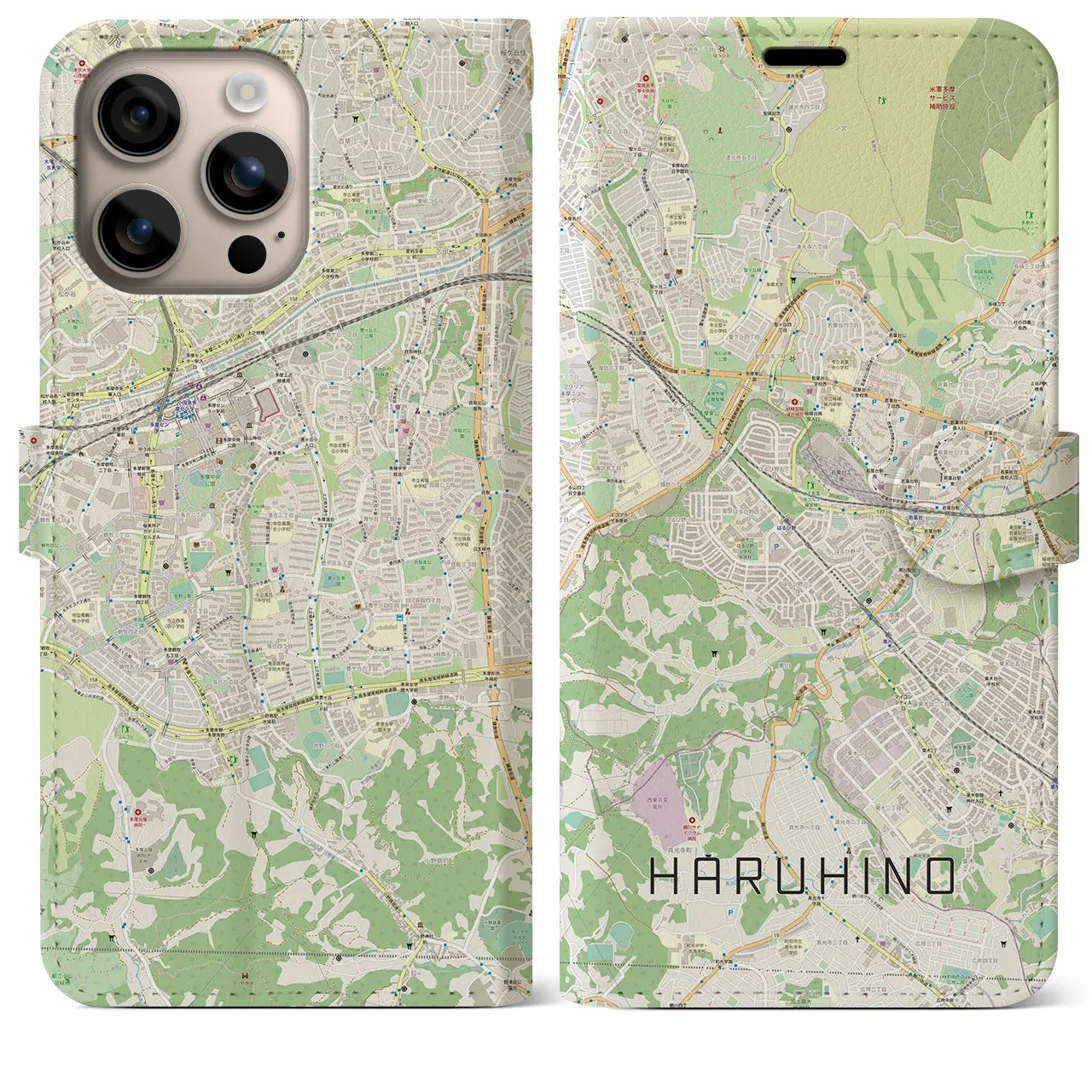 【はるひ野（神奈川県）】地図柄iPhoneケース（手帳タイプ）ナチュラル・iPhone 16 Plus 用