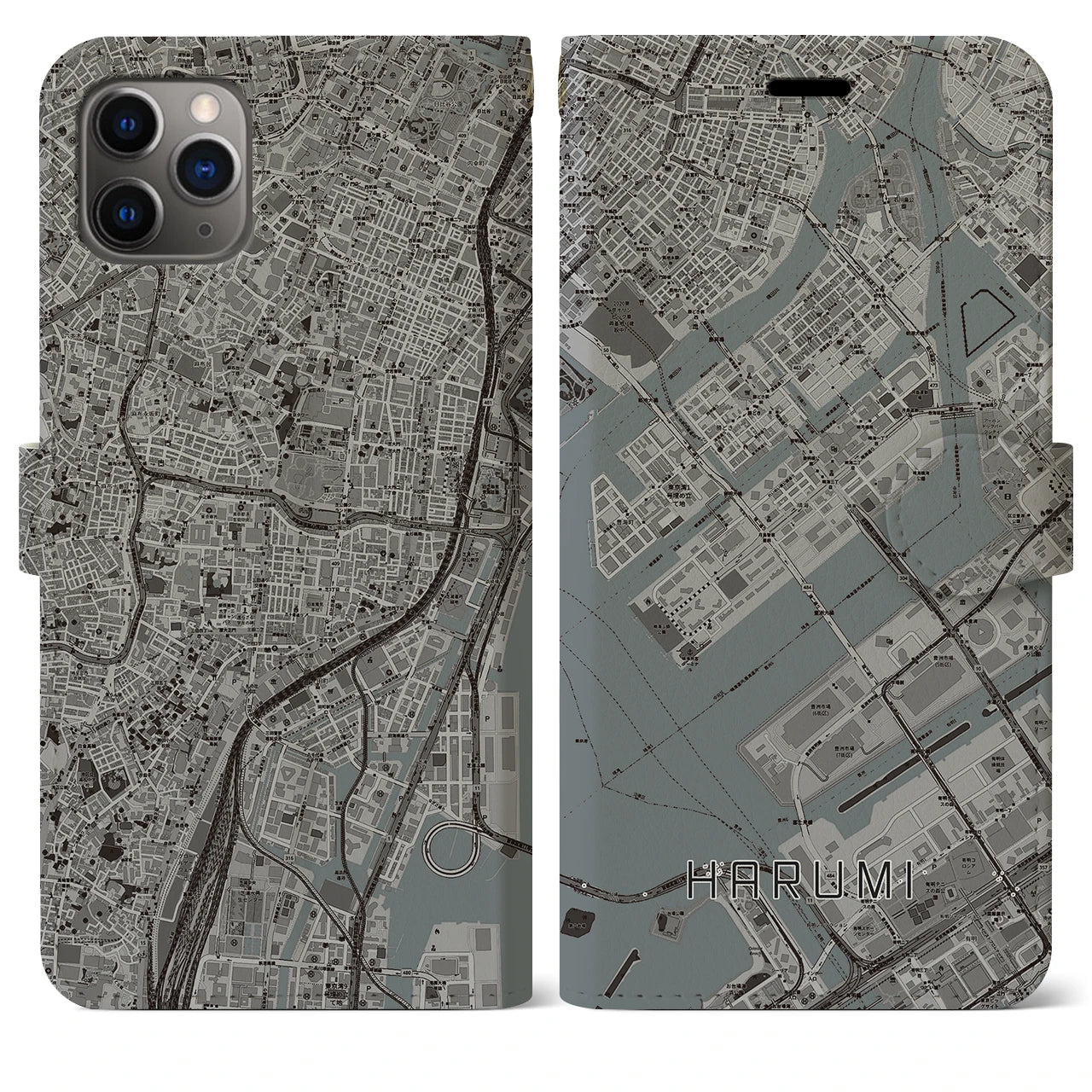【晴海】地図柄iPhoneケース（手帳両面タイプ・モノトーン）iPhone 11 Pro Max 用