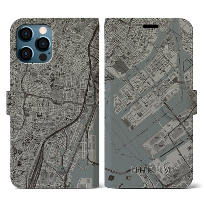 【晴海（東京都）】地図柄iPhoneケース（手帳タイプ）モノトーン・iPhone 12 / 12 Pro 用