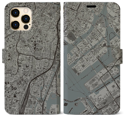 【晴海（東京都）】地図柄iPhoneケース（手帳タイプ）モノトーン・iPhone 12 Pro Max 用