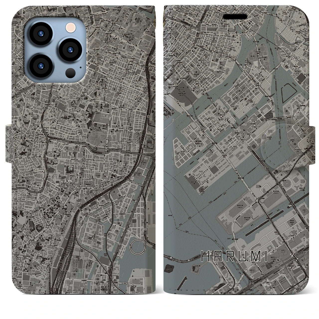 【晴海】地図柄iPhoneケース（手帳両面タイプ・モノトーン）iPhone 13 Pro Max 用