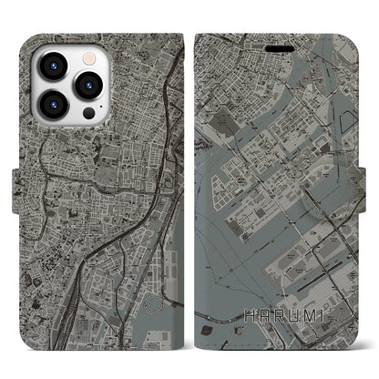 【晴海（東京都）】地図柄iPhoneケース（手帳タイプ）モノトーン・iPhone 13 Pro 用