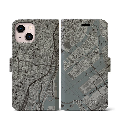 【晴海（東京都）】地図柄iPhoneケース（手帳タイプ）モノトーン・iPhone 13 mini 用