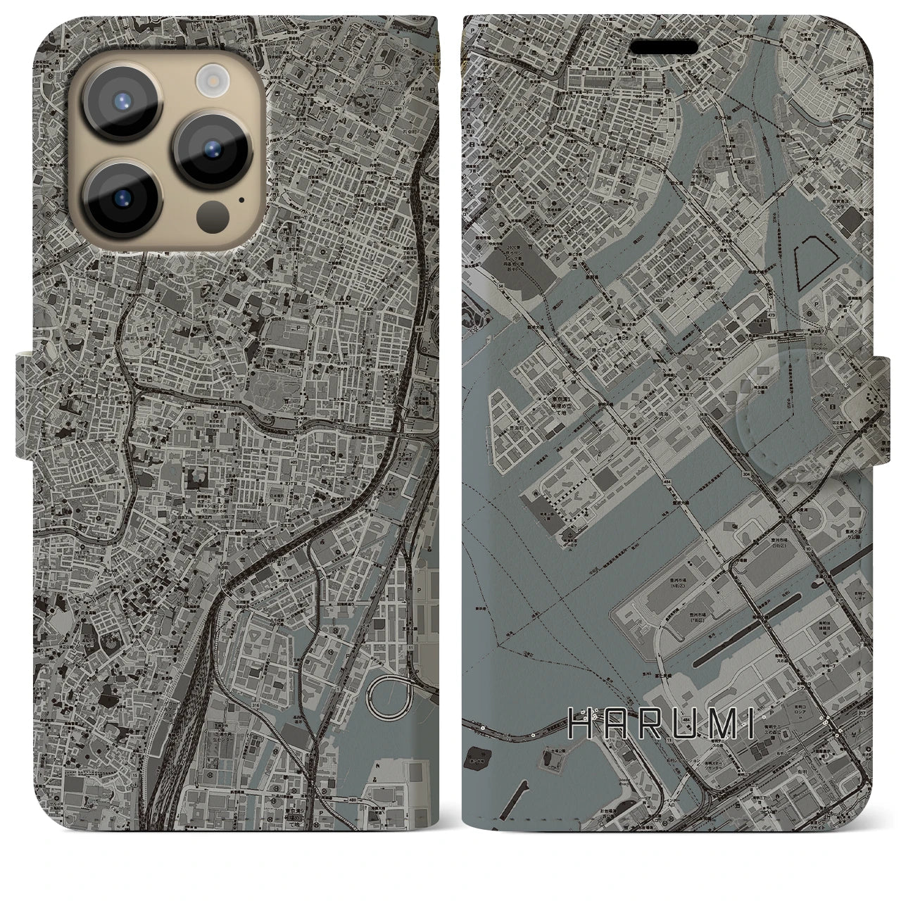 【晴海】地図柄iPhoneケース（手帳両面タイプ・モノトーン）iPhone 14 Pro Max 用