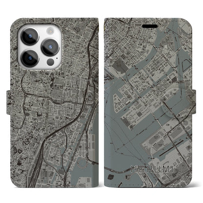 【晴海（東京都）】地図柄iPhoneケース（手帳タイプ）モノトーン・iPhone 14 Pro 用