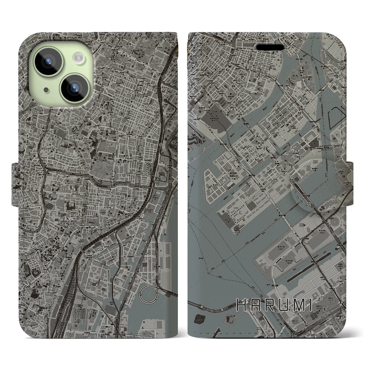 【晴海】地図柄iPhoneケース（手帳両面タイプ・モノトーン）iPhone 15 用