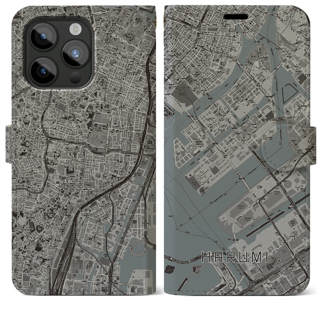 【晴海】地図柄iPhoneケース（手帳両面タイプ・モノトーン）iPhone 15 Pro Max 用