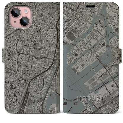 【晴海（東京都）】地図柄iPhoneケース（手帳タイプ）モノトーン・iPhone 15 Plus 用