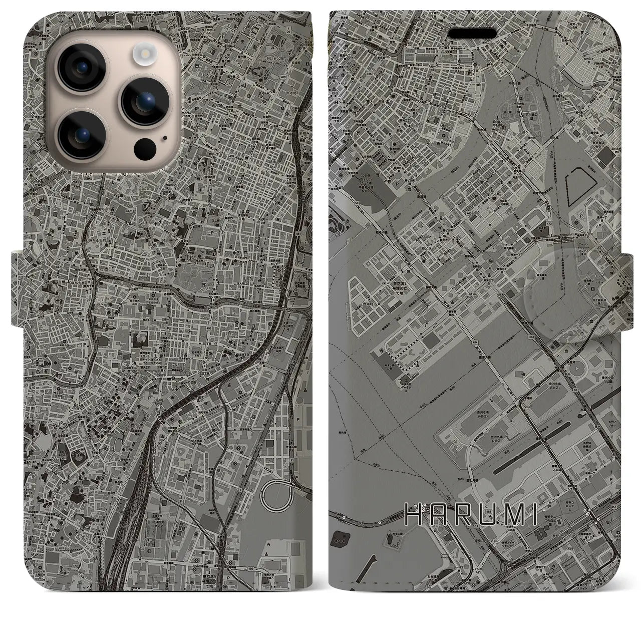 【晴海（東京都）】地図柄iPhoneケース（手帳タイプ）モノトーン・iPhone 16 Plus 用