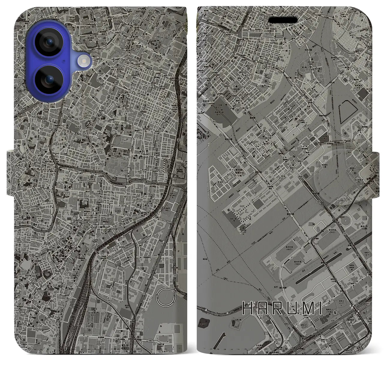 【晴海（東京都）】地図柄iPhoneケース（手帳タイプ）モノトーン・iPhone 16 Pro Max 用