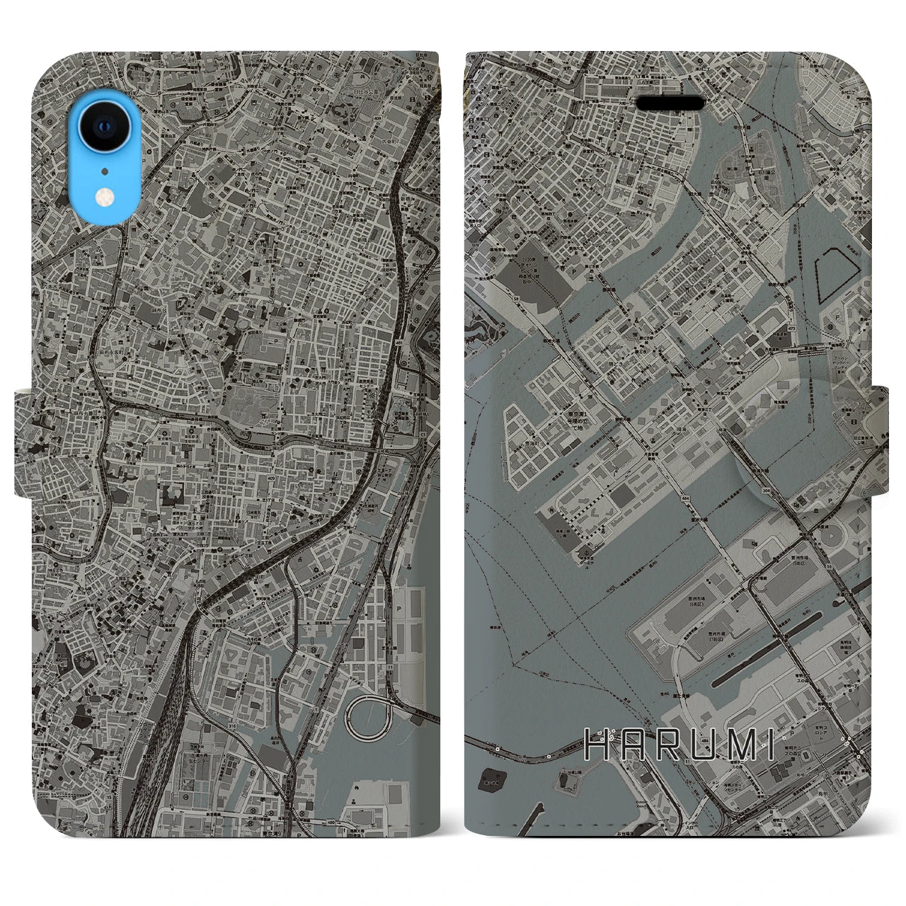 【晴海】地図柄iPhoneケース（手帳両面タイプ・モノトーン）iPhone XR 用