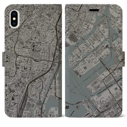 【晴海（東京都）】地図柄iPhoneケース（手帳タイプ）モノトーン・iPhone XS Max 用