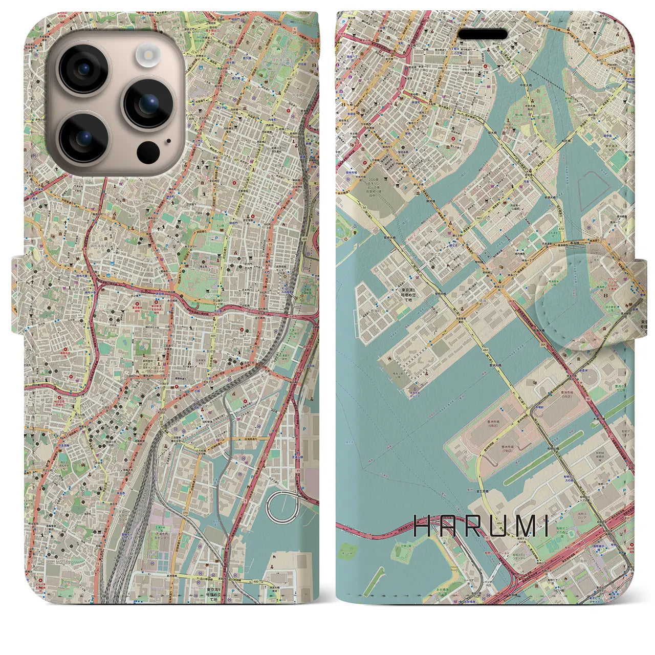 【晴海（東京都）】地図柄iPhoneケース（手帳タイプ）ナチュラル・iPhone 16 Plus 用