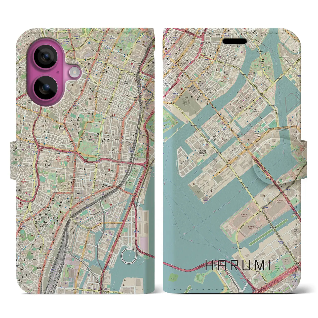 【晴海（東京都）】地図柄iPhoneケース（手帳タイプ）ナチュラル・iPhone 16 Pro 用