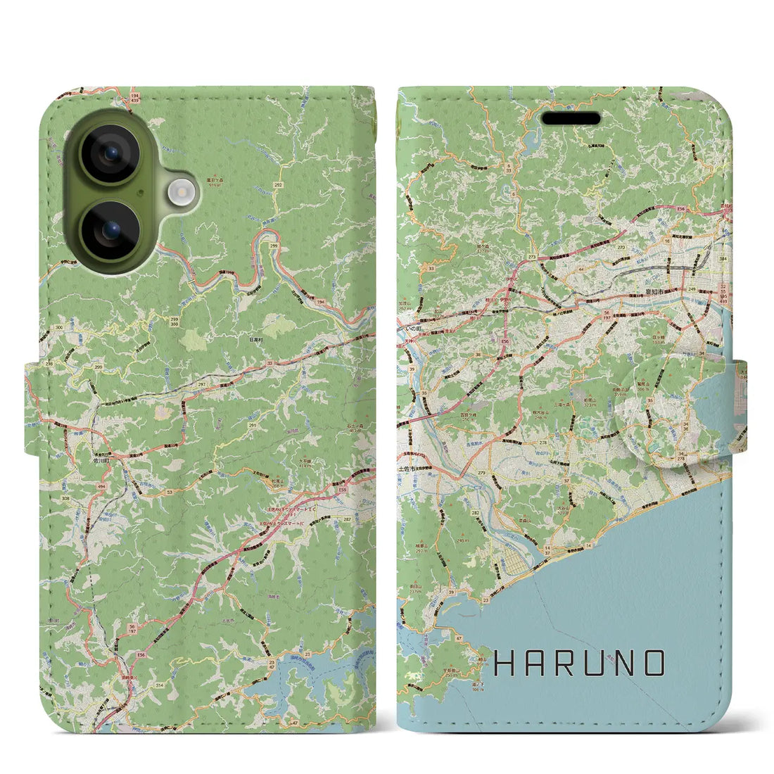 【春野（高知県）】地図柄iPhoneケース（手帳タイプ）モノトーン・iPhone 17 Pro Max 用