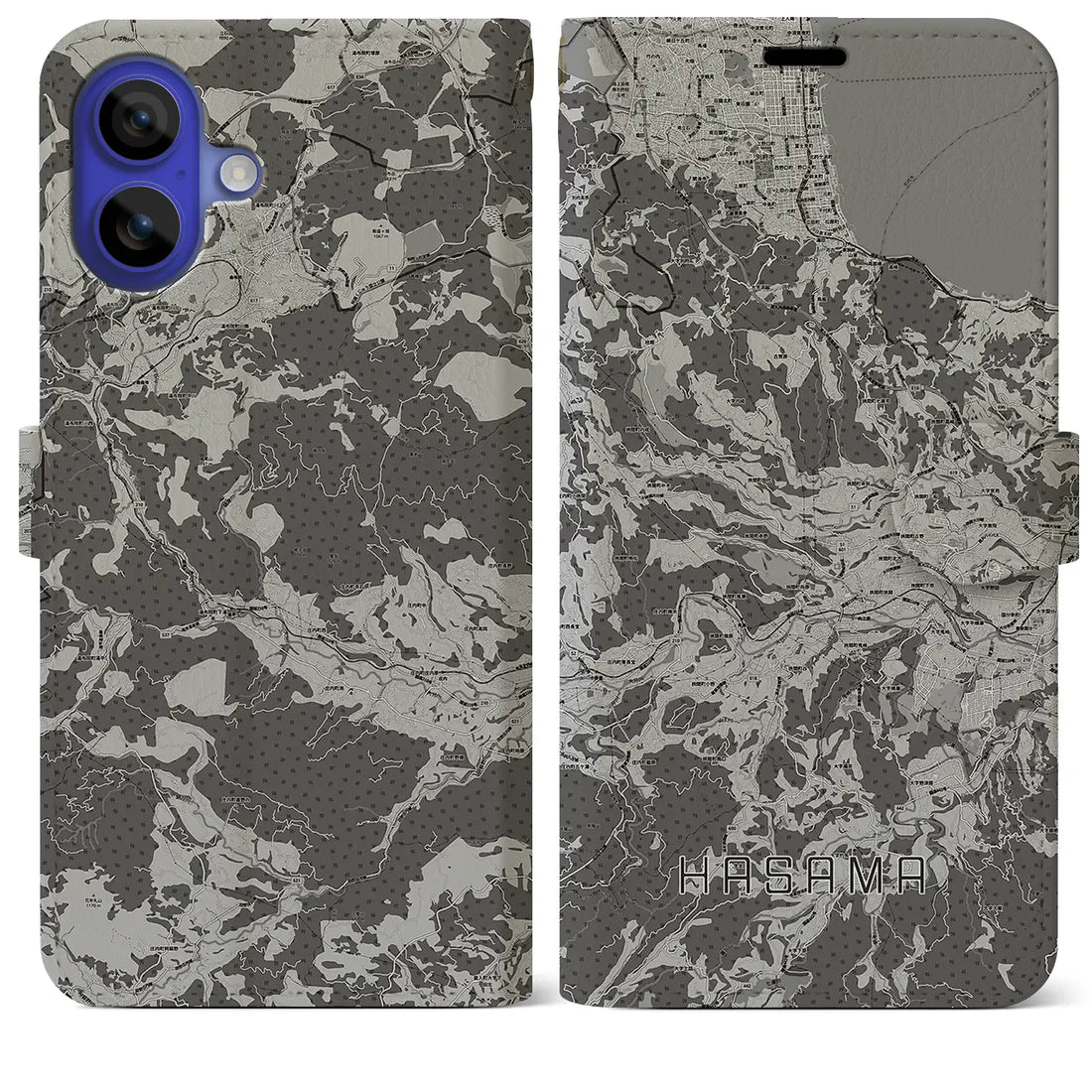 【挾間(大分県)】地図柄iPhoneケース(手帳タイプ)モノトーン・iPhone 16 Pro Max 用