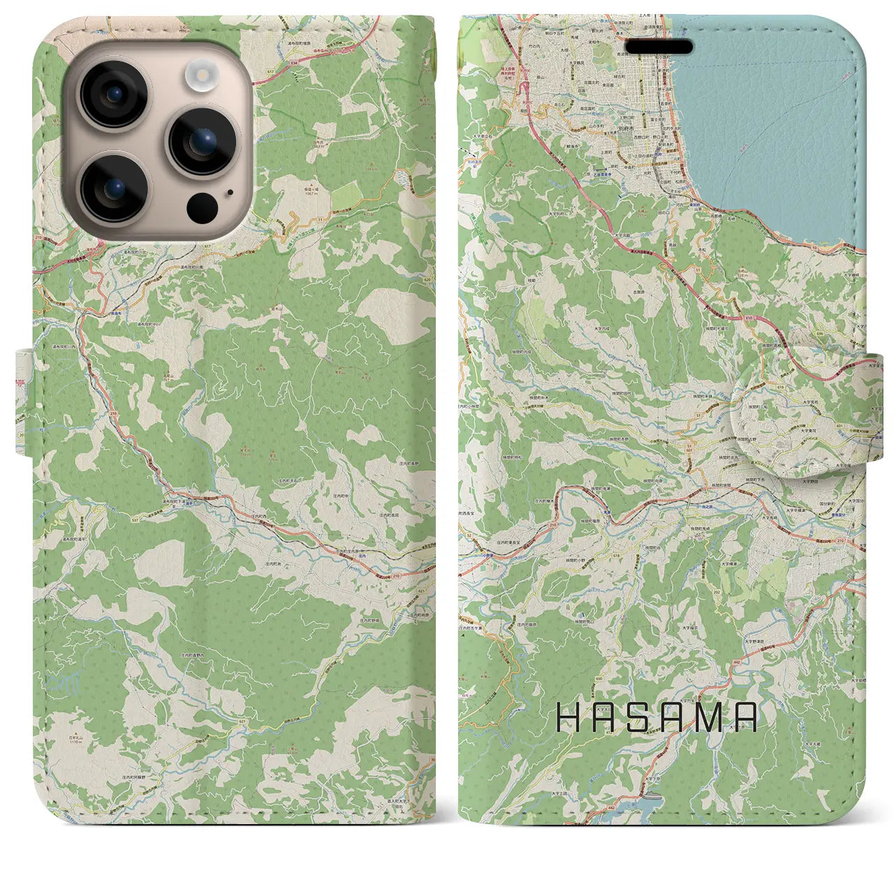 【挾間（大分県）】地図柄iPhoneケース（手帳タイプ）ナチュラル・iPhone 16 Plus 用