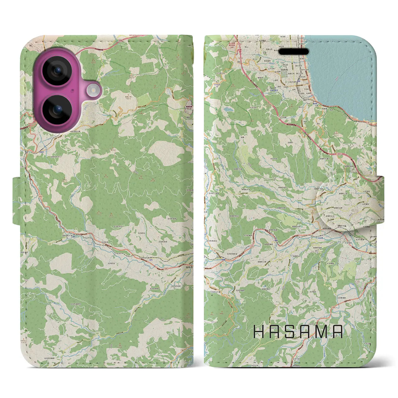 【挾間（大分県）】地図柄iPhoneケース（手帳タイプ）ナチュラル・iPhone 16 Pro 用